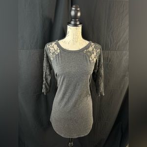 Women’s Dark Gray Casual Top with Lace Sleeves - Large